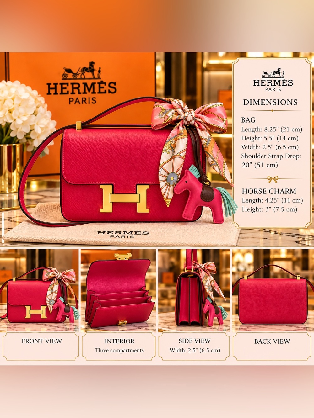 Pink Leather Crossbody Bag with Gold H Hardware with twilly and bag charm